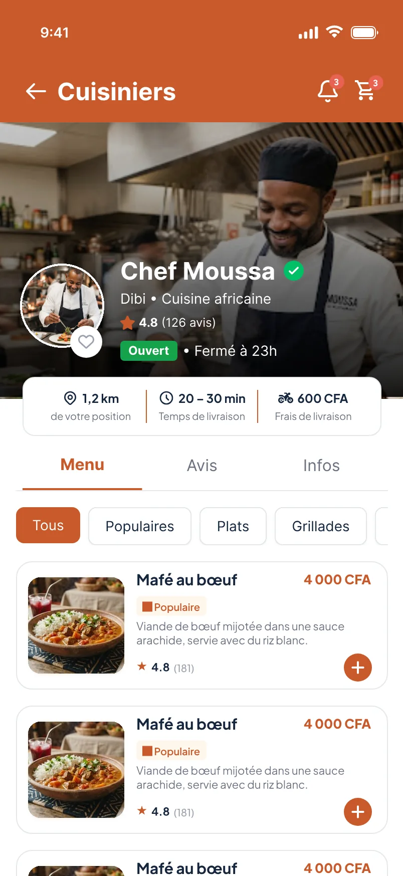 Fiche d'un cuisinier dans l'application SIRA
