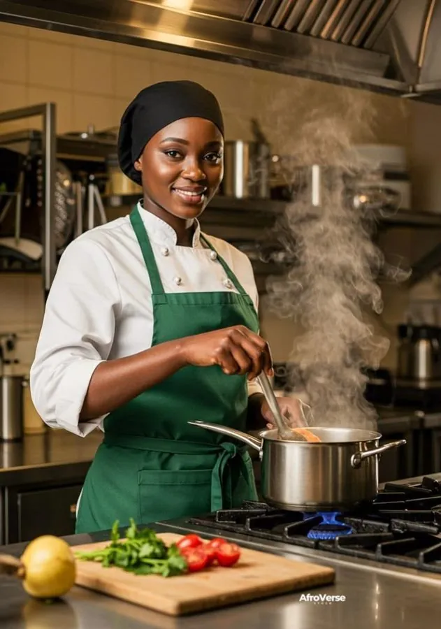 Une cuisinière prépare un plat dans sa cuisine